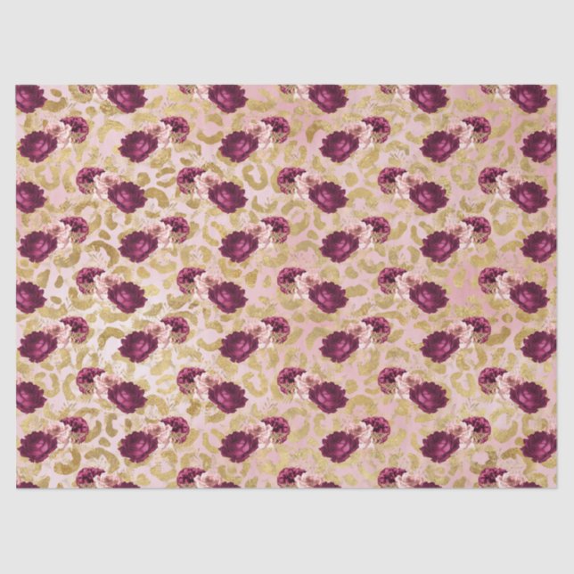 Gold Leopard Print Pink Roses Floral   Tissue Paper (Front)