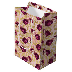 Gold Leopard Print Pink Roses Florals Medium Gift Bag