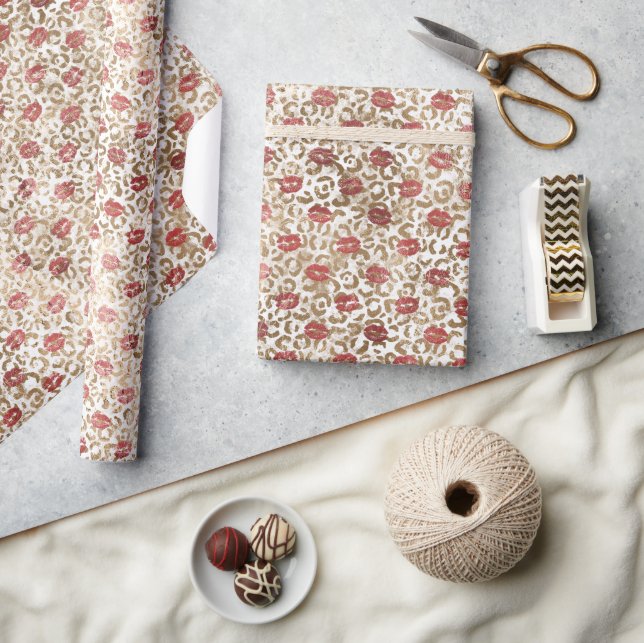 Gold Leopard Print Red Lips Wrapping Paper (Crafts)
