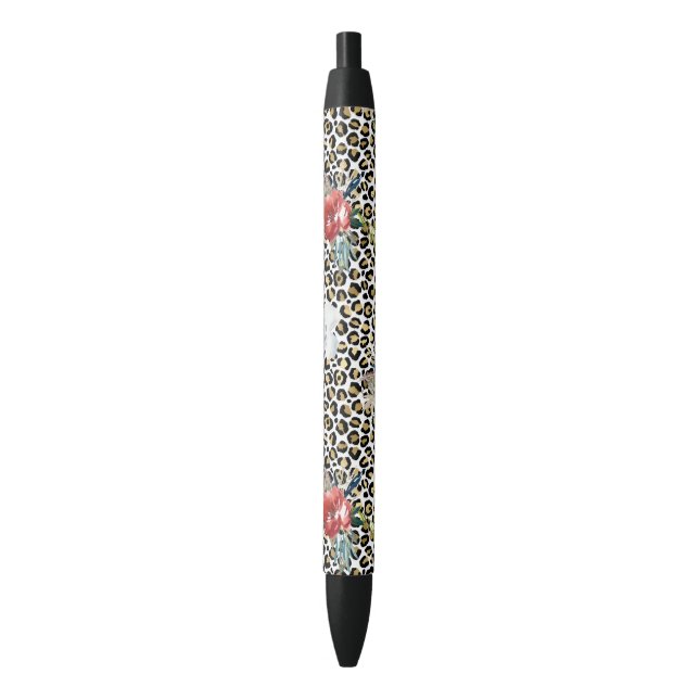 Gold Leopard Print Red White Floral Black Ink Pen (Front Vertical)