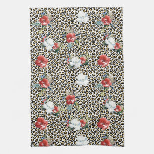Gold Leopard Print Red White Floral Kitchen Towel