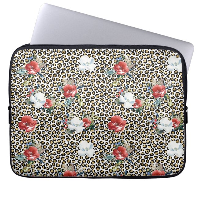 Gold Leopard Print Red White Floral Laptop Sleeve (Front)