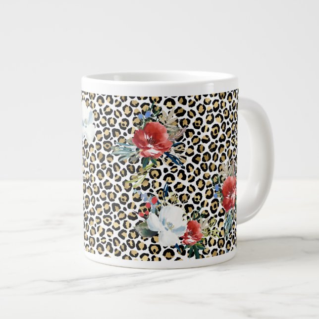 Gold Leopard Print Red White Floral Large Coffee Mug (Front Right)