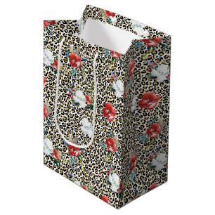 Gold Leopard Print Red White Floral Medium Gift Bag