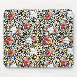 Gold Leopard Print Red White Floral Mouse Pad