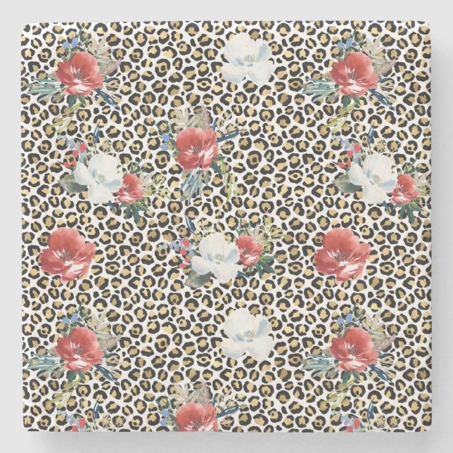 Gold Leopard Print Red White Floral Stone Coaster (Front)