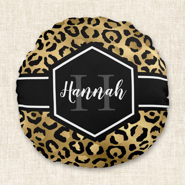 Gold Leopard Spots Black Monogram Round Pillow (Creator Uploaded)