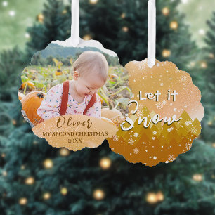 Gold Let it Snow Baby's Second Christmas Photo Ornament Card
