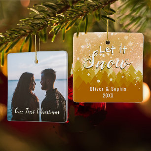Gold Let it Snow First Christmas Photo Ceramic Ornament
