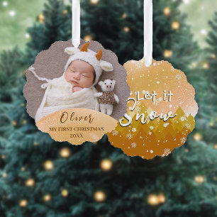 Gold Let it Snow First Christmas Photo Ornament Card