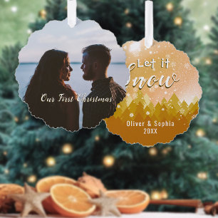 Gold Let it Snow First Christmas Photo  Ornament Card
