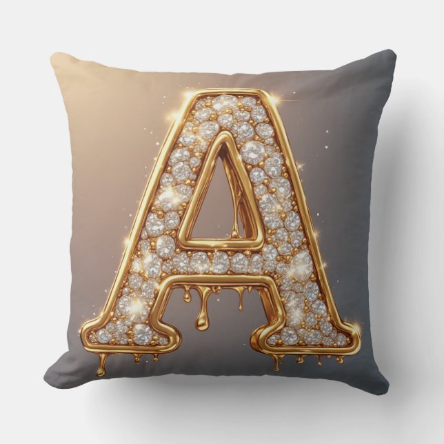 Gold Letter A Diamond Drip Molten Monogram Throw Pillow (Front)