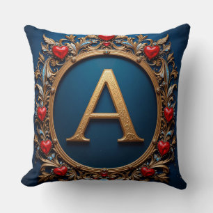 Gold Letter A With Hearts Floral Blue Decor 💙 Throw Pillow