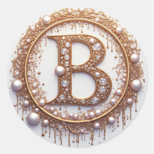 Gold Letter B Monogram Pearls Jewellery Wedding Classic Round Sticker