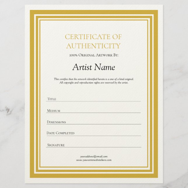Gold Letter Certificate of Authenticity Template  Letterhead (Front)