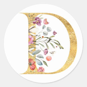 Gold letter D with flowers Classic Round Sticker