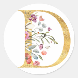 Gold letter D with flowers Classic Round Sticker