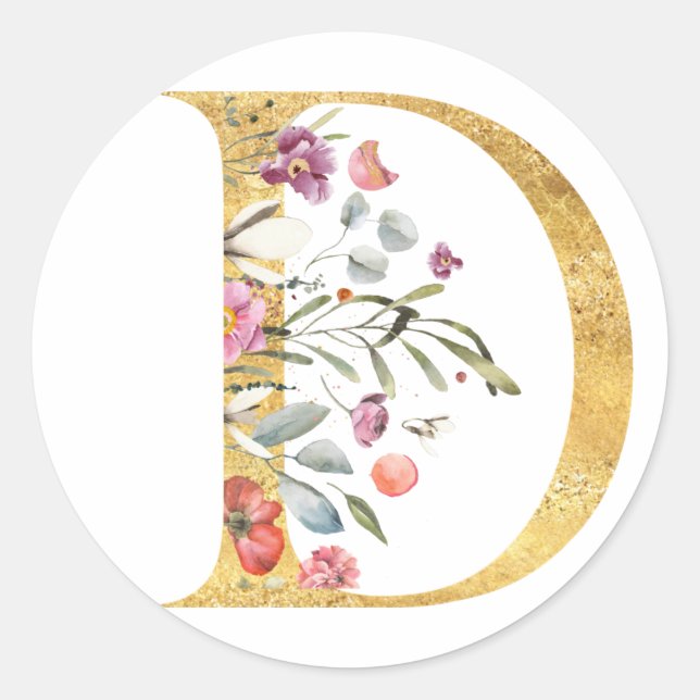 Gold letter D with flowers Classic Round Sticker (Front)