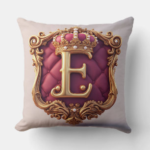 Gold Letter E Crowned On Red Velvet Frame Design Throw Pillow