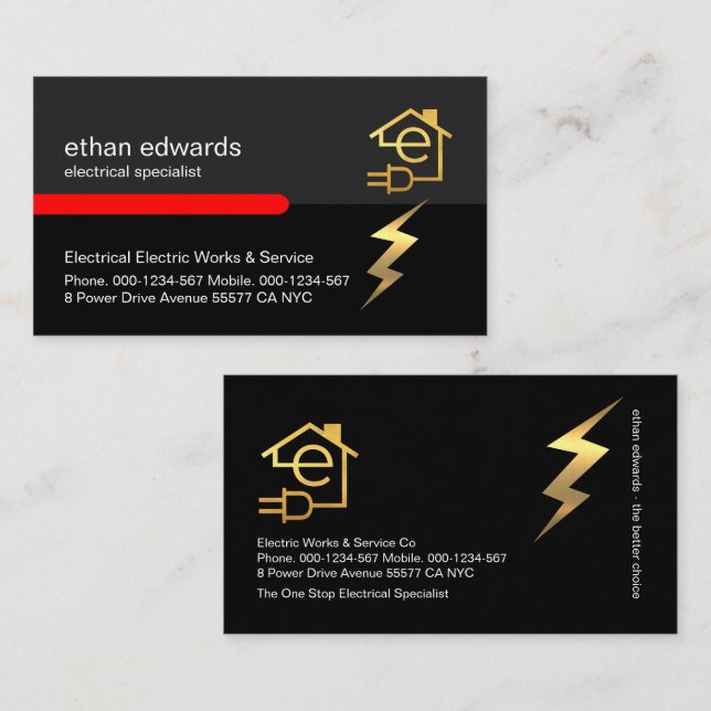 Gold Letter E Electrician Lightning Service Business Card (Front/Back)