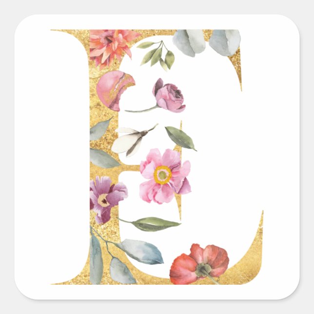 Gold letter E with flowers Square Sticker (Front)