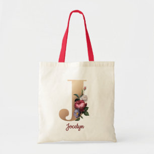 Gold Letter J and Blush Floral Personalized chic Tote Bag