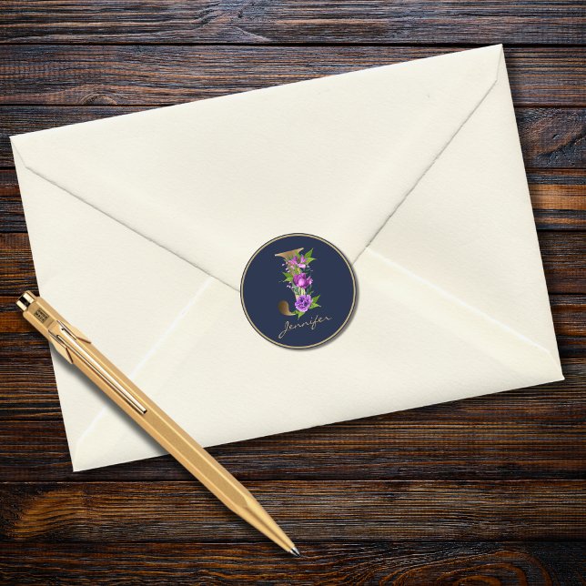 Gold Letter J Elegant Navy Floral Monogram Classic Round Sticker (Creator Uploaded)