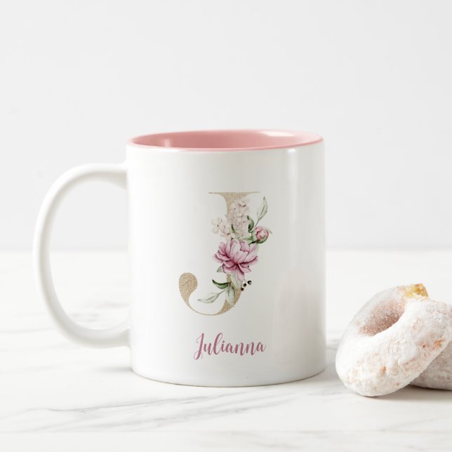 Gold Letter J, Monogram J, Pink Floral Gift Her Two-Tone Coffee Mug (With Donut)