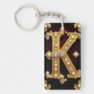 Gold Letter K Monogram With Diamonds and Pearls Keychain