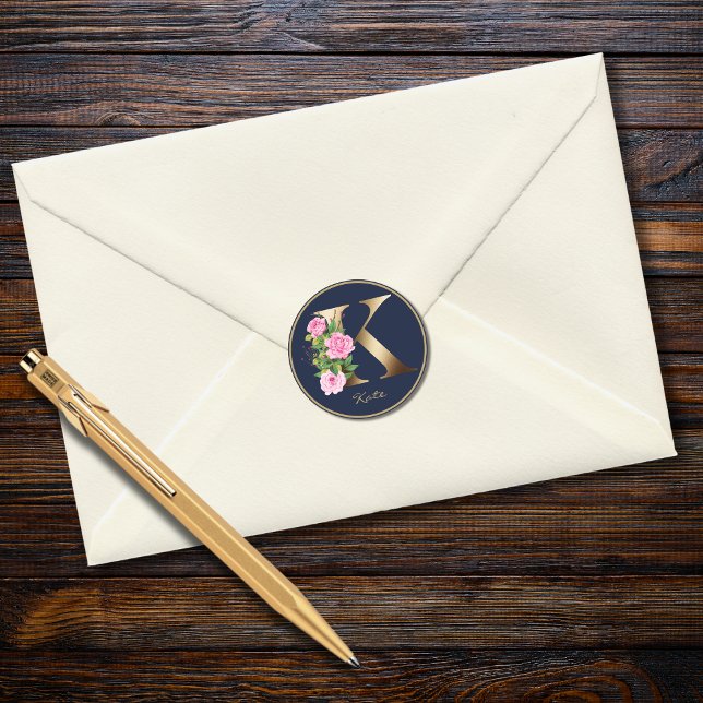 Gold Letter K Navy Elegant Floral Monogram Roses Classic Round Sticker (Creator Uploaded)