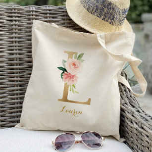 Gold Letter L and Blush Floral Personalized Tote Bag