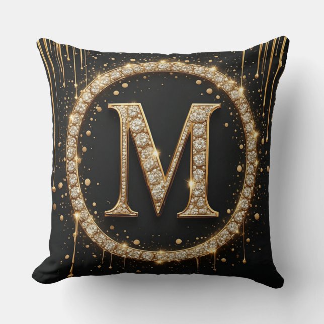 Gold Letter M Monogram Personal Initial Gift Throw Pillow (Front)