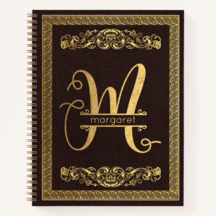 Gold Letter M & Name on Brown Leather Monogrammed Notebook