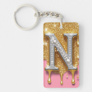 Gold Letter N Initial Diamond Pink Background Gift Keychain