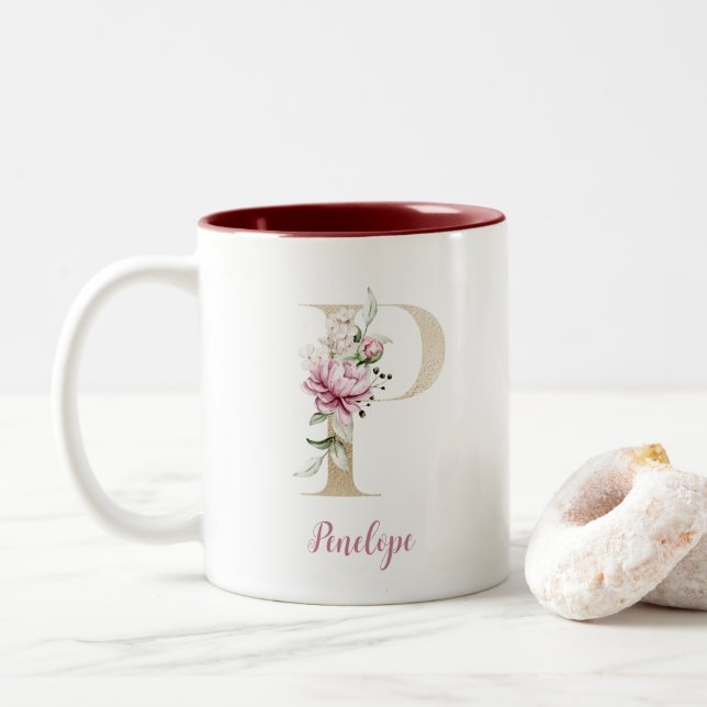 Gold Letter P, Monogram P, Pink Floral Gift Her Two-Tone Coffee Mug (With Donut)