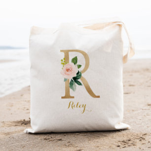 Gold Letter R and Blush Floral Personalized Tote Bag