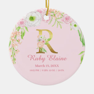 Gold letter "R" Floral Monogram Birth Stats Custom Ceramic Ornament