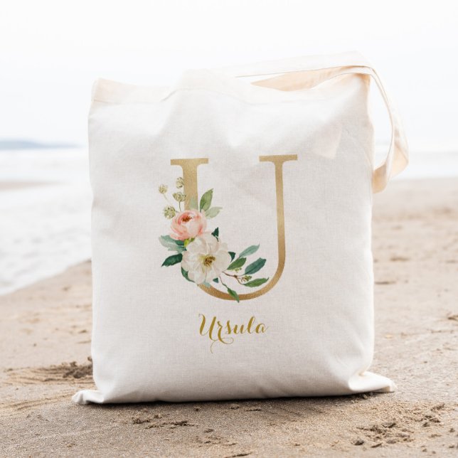 Gold Letter U and Blush Floral Personalized Tote Bag (Creator Uploaded)