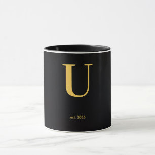 Gold Letter U Black Mug Minimalist Monogram Mug
