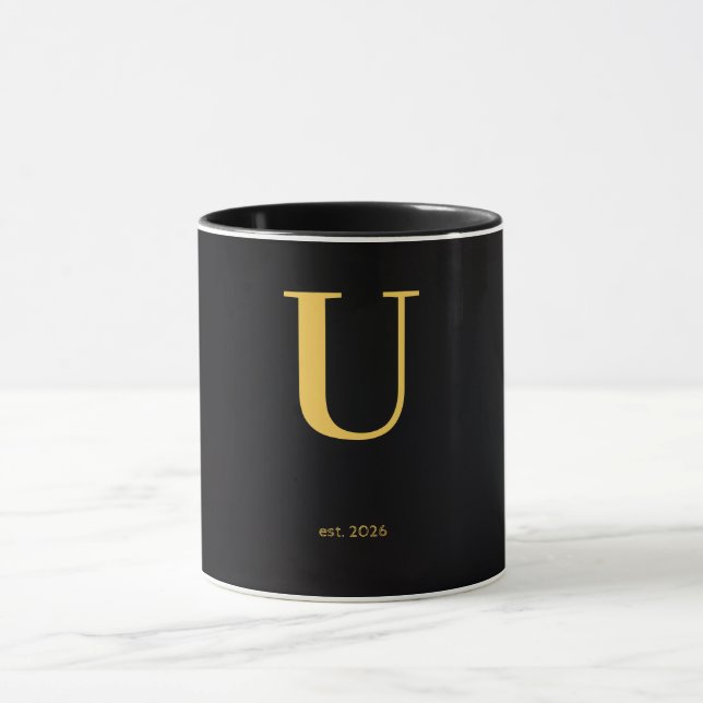 Gold Letter U Black Mug | Minimalist Monogram Mug (Center)