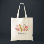 Gold Letter V Pink Floral Monogram Tote Bag<br><div class="desc">A beautiful,  feminine monogrammed pink floral tote bag featuring pink flowers and a faux gold monogram letter "V". Personalize the tote bag by adding your name underneath the monogram. Makes a fun gift for a friend or for a bridesmaid gift. Designed for you by Blackberry Boulevard.</div>