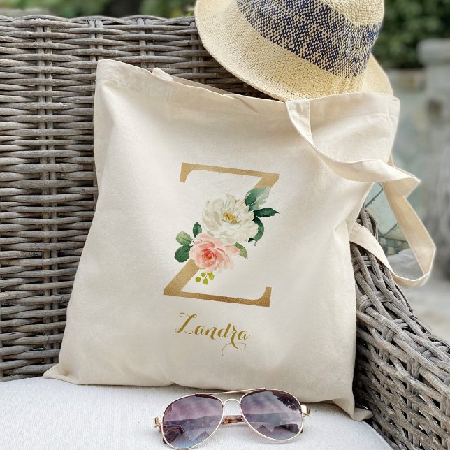 Gold Letter Z and Blush Floral Personalized Tote Bag (Creator Uploaded)