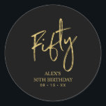 Gold Lettering Fifty 50th Birthday Favour Thank yo Classic Round Sticker<br><div class="desc">This simple custom thank you sticker will add stylish detail to your special day. This design features modern gold script lettering " Fifty" with custom text. Matching 50th birthday invitations and party supplies are available in my shop BaraBomDesign.</div>