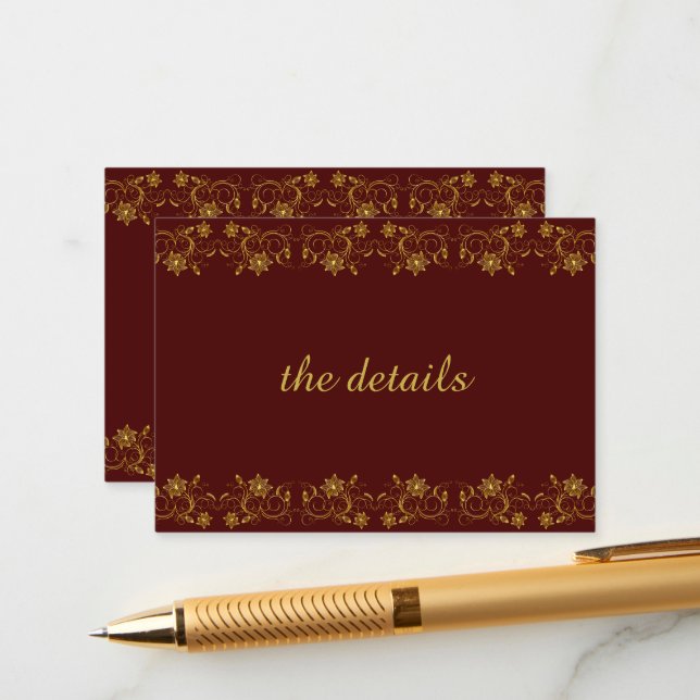 Gold Lettering on Burgundy with Filigree design Enclosure Card (Front/Back In Situ)