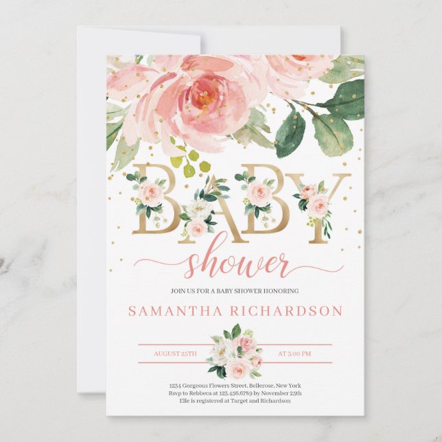 Gold Letters and Blush Floral Baby Shower Invite (Front)