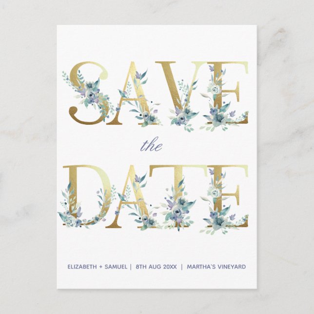 Gold Letters Blue Watercolor Flowers Announcement Postcard (Front)