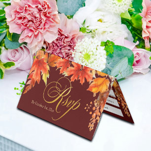 Gold Letters Fall Maple Leaves Wedding RSVP Card