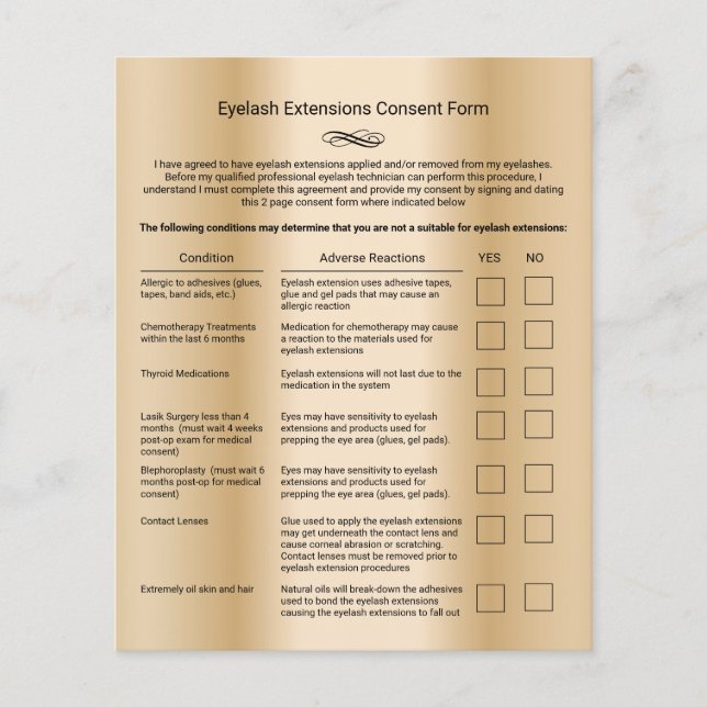 Gold Liability Waiver Eyelash Extension Salon Flyer (Front)