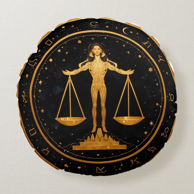 Gold Libra Zodiac Scales Round Pillow (Front)