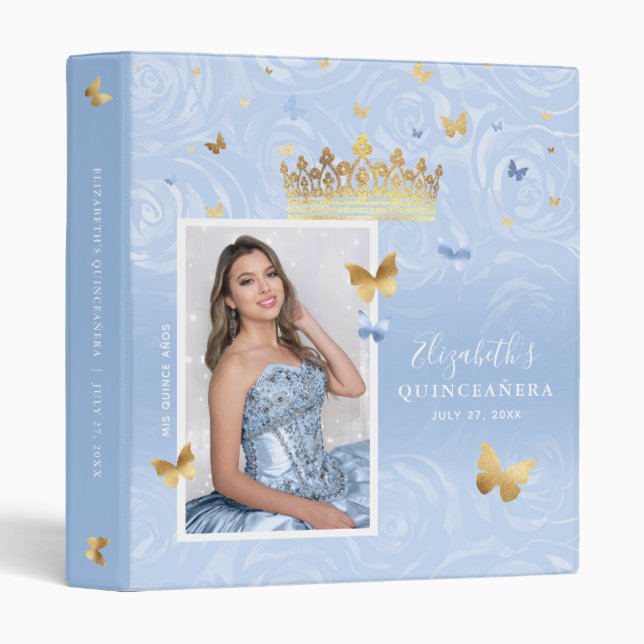 Gold Light Baby Blue Roses Photo Album Guestbook Binder (Front/Spine)